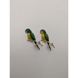2 Vintage Enamel Parrot Green Yellow Brooch Gold Tone Birds Perched